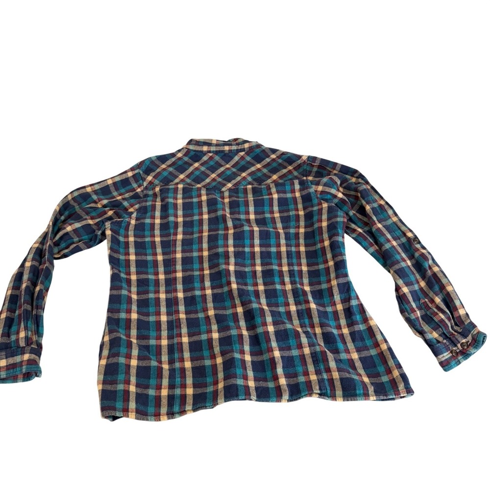 Bit & Bridle Womens‎ XL Flannel Shirt Teal Navy Plaid Cotton Roll Tab Sleeve